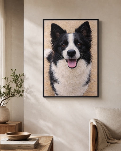 Personalized Border Collie framed pet portrait displayed as living room wall art