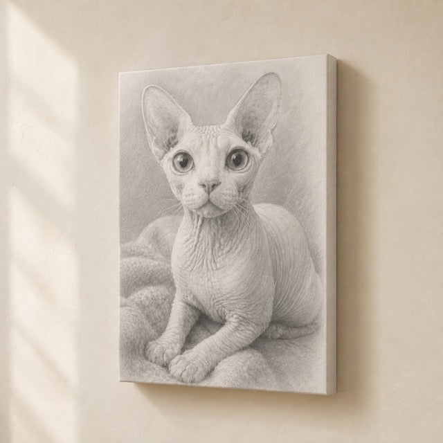 Personalized Sphynx cat graphite pencil gallery-wrapped canvas pet portrait displayed as wall art
