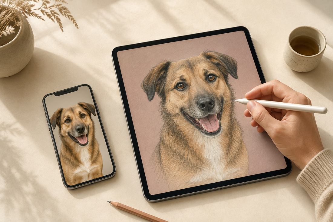 Illustrative example of a pet photo on a phone beside a Colored Pencil portrait on a tablet during human review and refinement