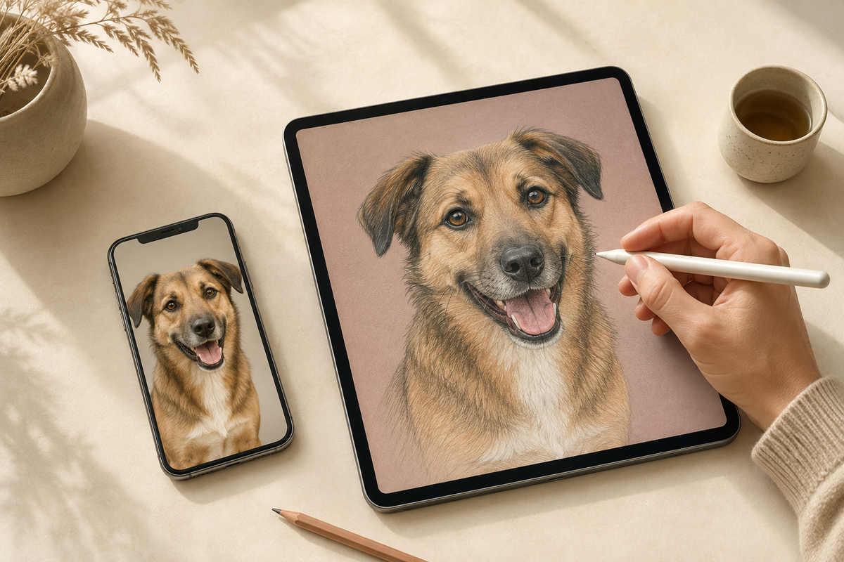 Illustrative example of a pet photo on a phone beside a Colored Pencil portrait on a tablet during human review and refinement