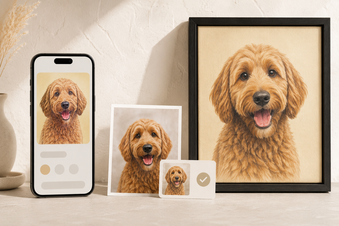 Illustrative comparison of an instant AI pet portrait on a phone and a proof-reviewed Colored Pencil portrait prepared for framed display