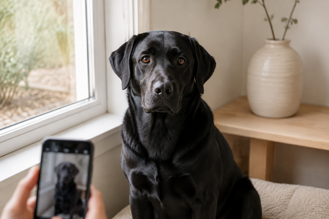 Illustrative example of a black dog photographed at eye level beside a window, with visible eyes and fur detail.