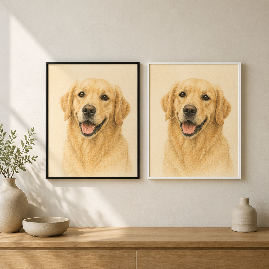 Illustrative example comparing the same golden retriever pet portrait in a black frame and a white frame