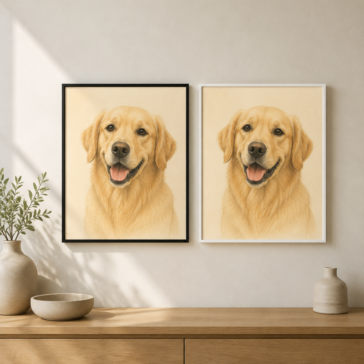 Illustrative example comparing the same golden retriever pet portrait in a black frame and a white frame