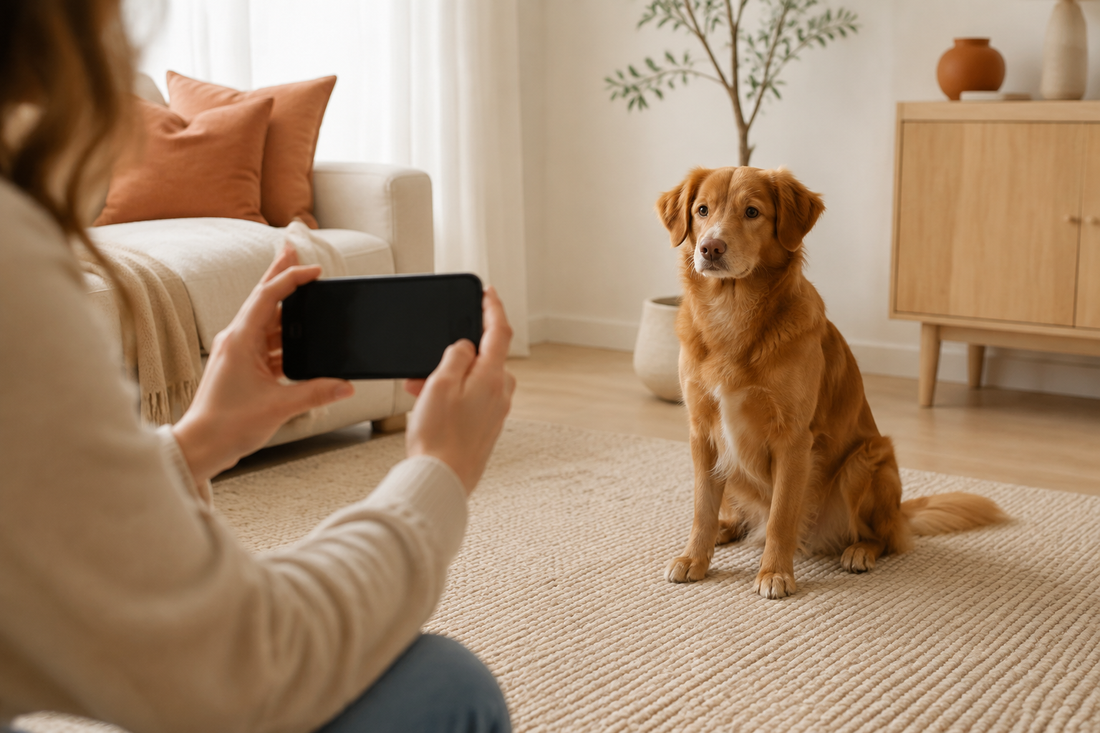 Illustrative example of a golden-brown dog being photographed at eye level with a smartphone in a warm minimalist room
