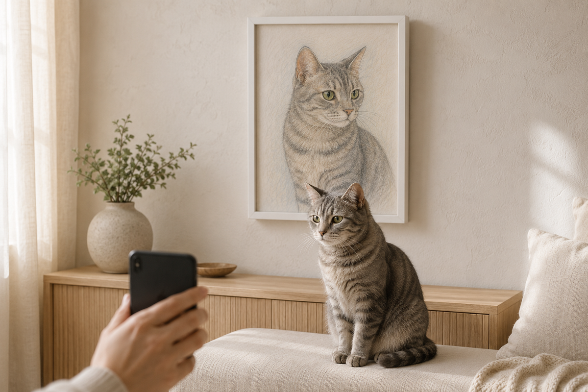 Illustrative example of a gray tabby cat being photographed calmly at eye level beside a white framed Colored Pencil portrait.