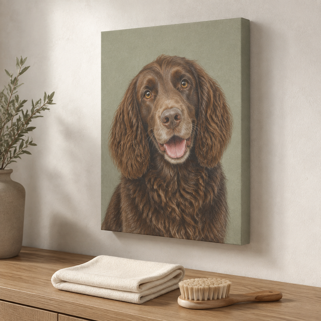 Illustrative example of a canvas pet portrait displayed above a clean dry cloth and soft dusting brush