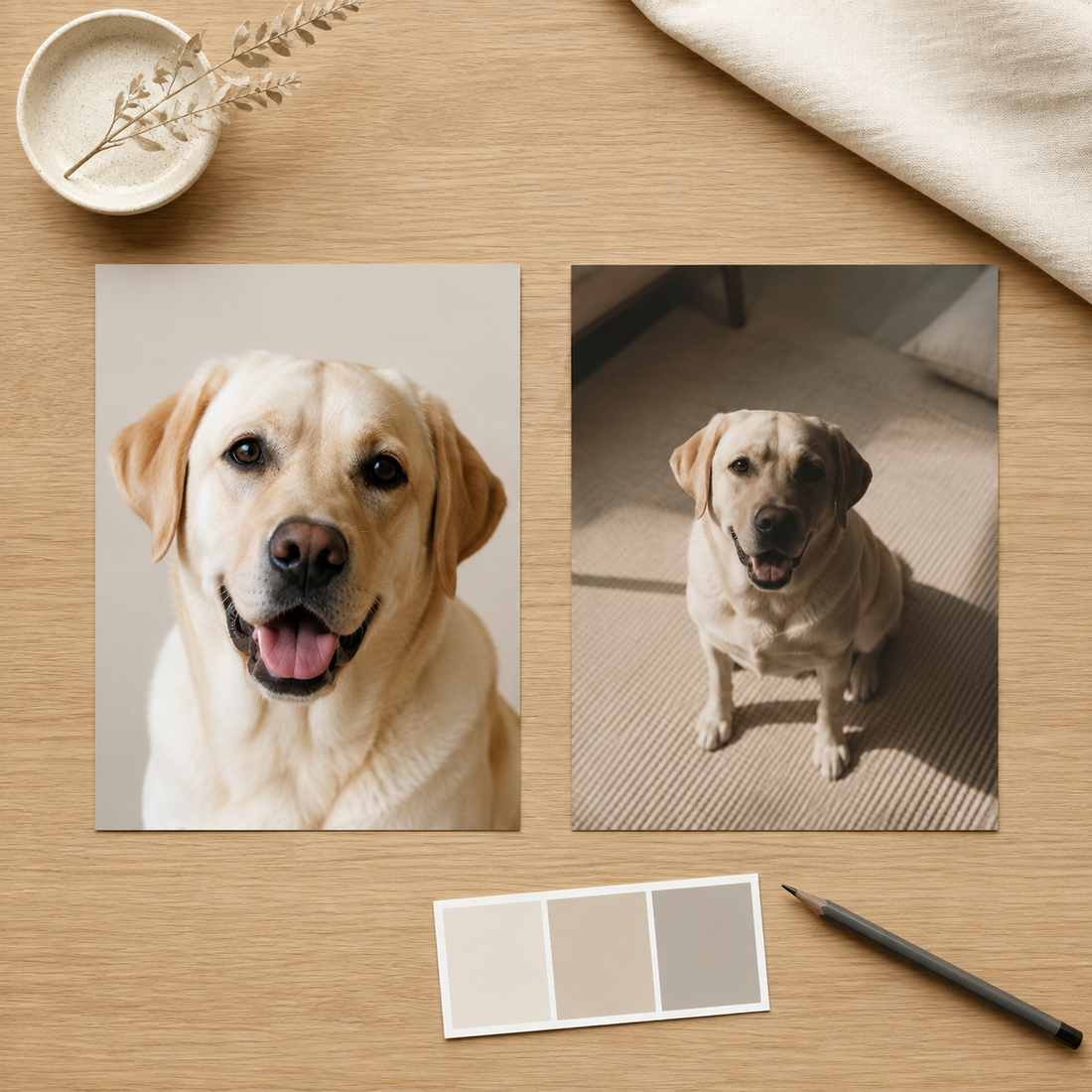 Illustrative example comparing a clear close-up pet photo with a distant shadowed photo of the same Labrador