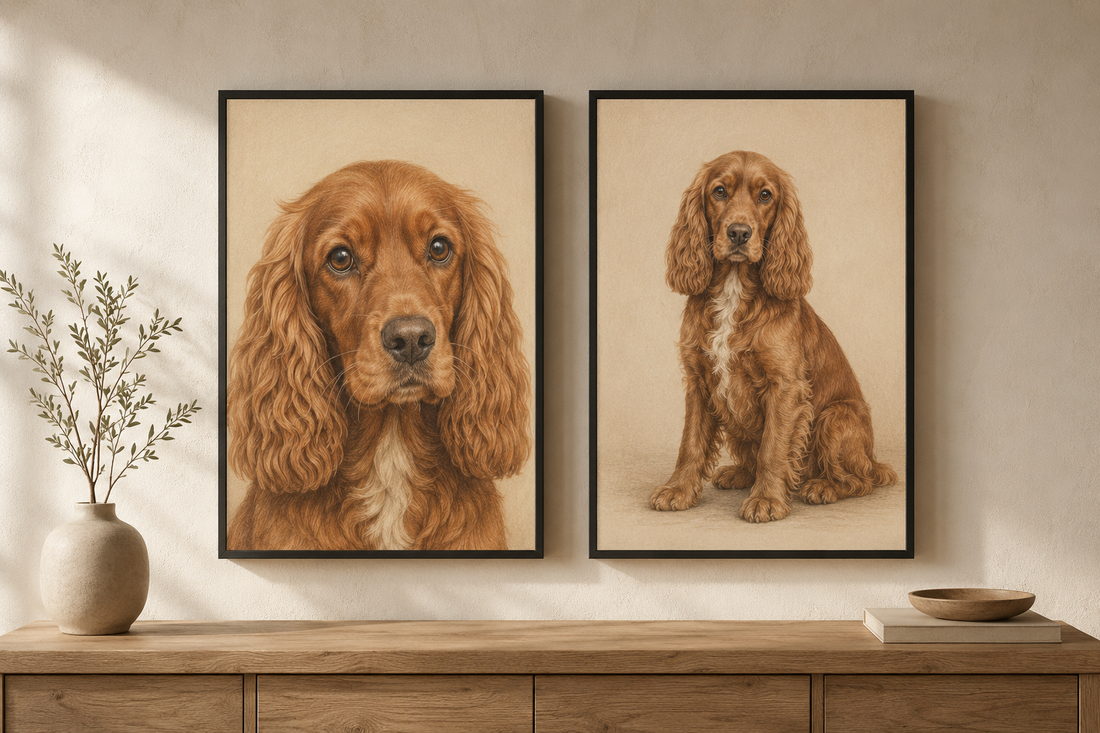 Illustrative comparison of close-up and full-body Colored Pencil dog portraits in black frames