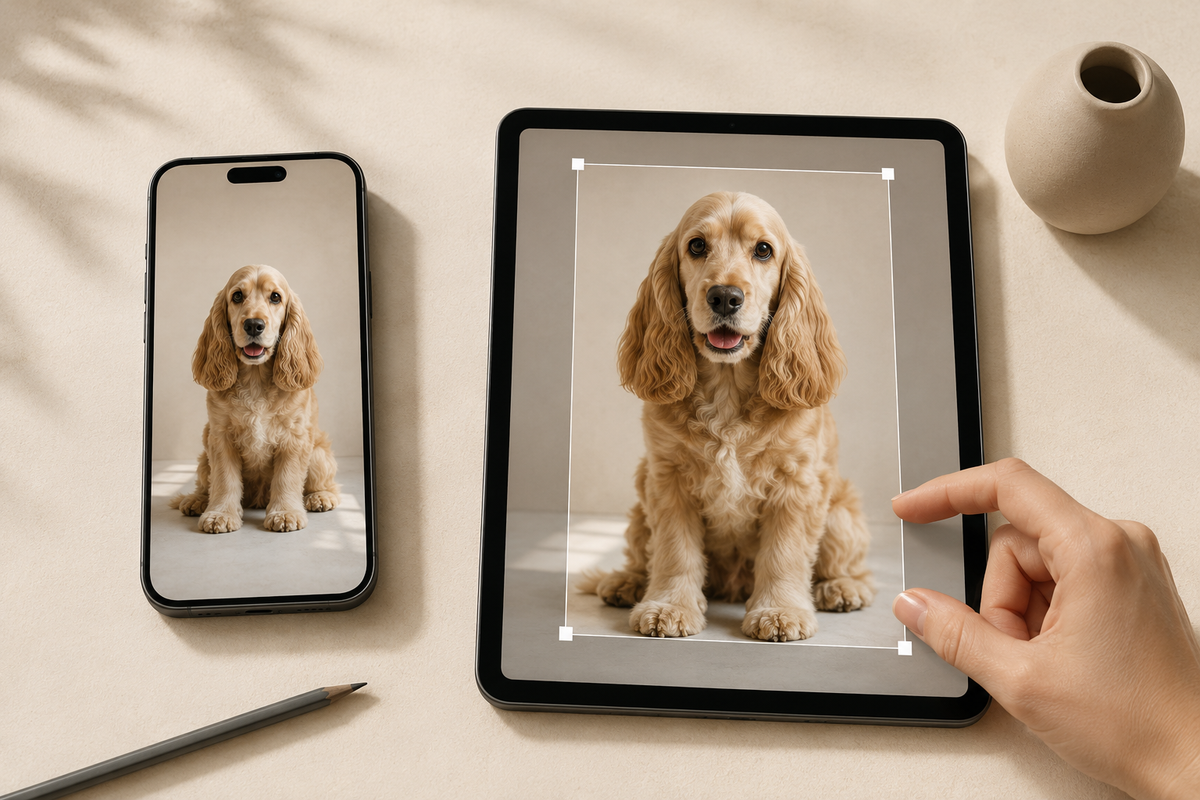 Illustrative example of the same pet photo shown uncropped on a phone and inside an adjustable crop boundary on a tablet