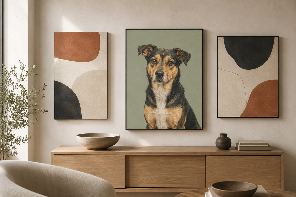 Illustrative example of a framed Colored Pencil dog portrait coordinated with abstract wall art in a minimalist living room