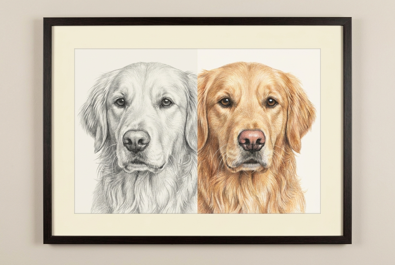 A golden retriever portrait shown in two styles, graphite pencil on the left and colored pencil on the right.