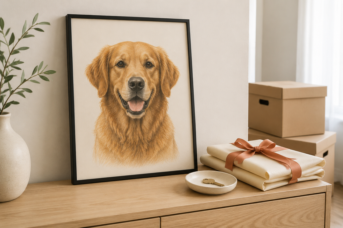 Illustrative housewarming gift example showing a black-framed golden-brown dog portrait beside wrapped paper, a house key, and moving boxes