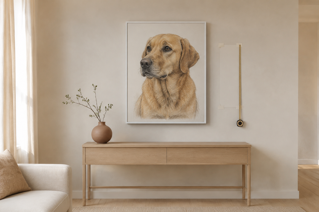 Illustrative example of a white-framed Colored Pencil dog portrait above a console beside a measuring tape
