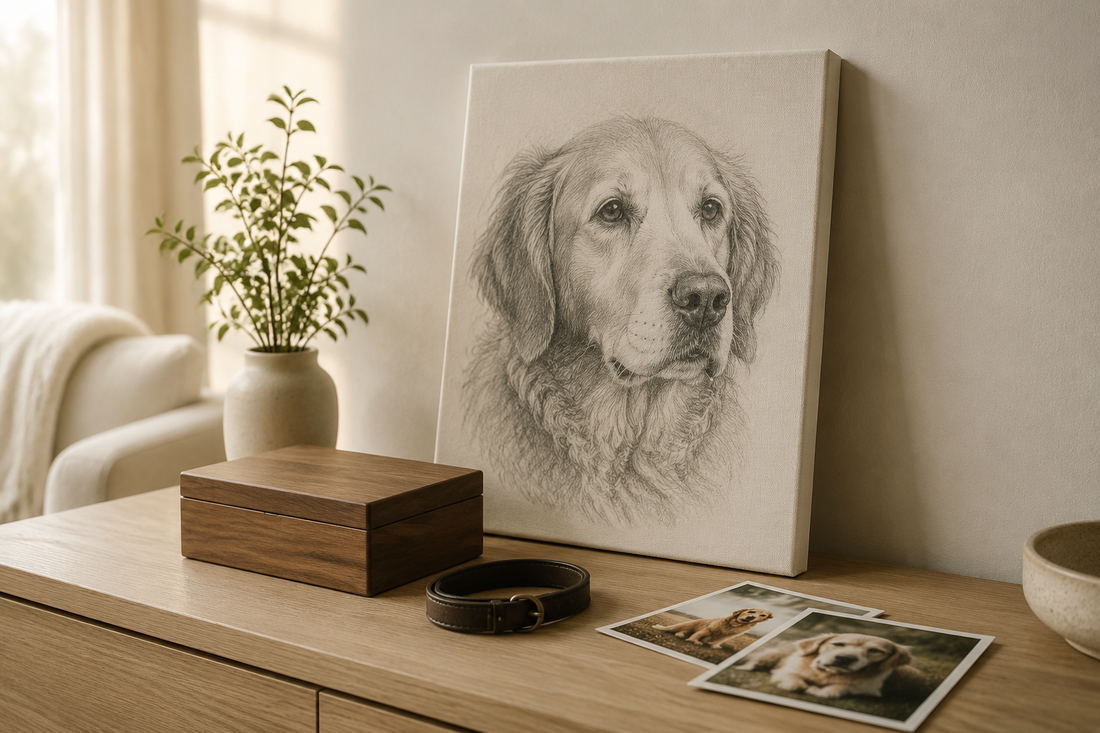 Illustrative example of a graphite-style senior dog portrait beside pet photos and a keepsake box