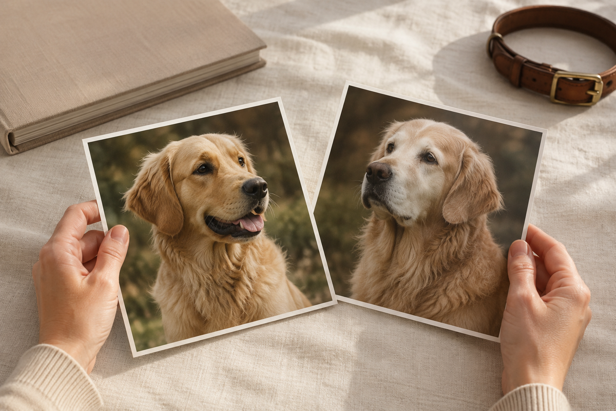 Illustrative example of two photographs showing the same dog at younger and senior life stages being compared on a warm neutral table
