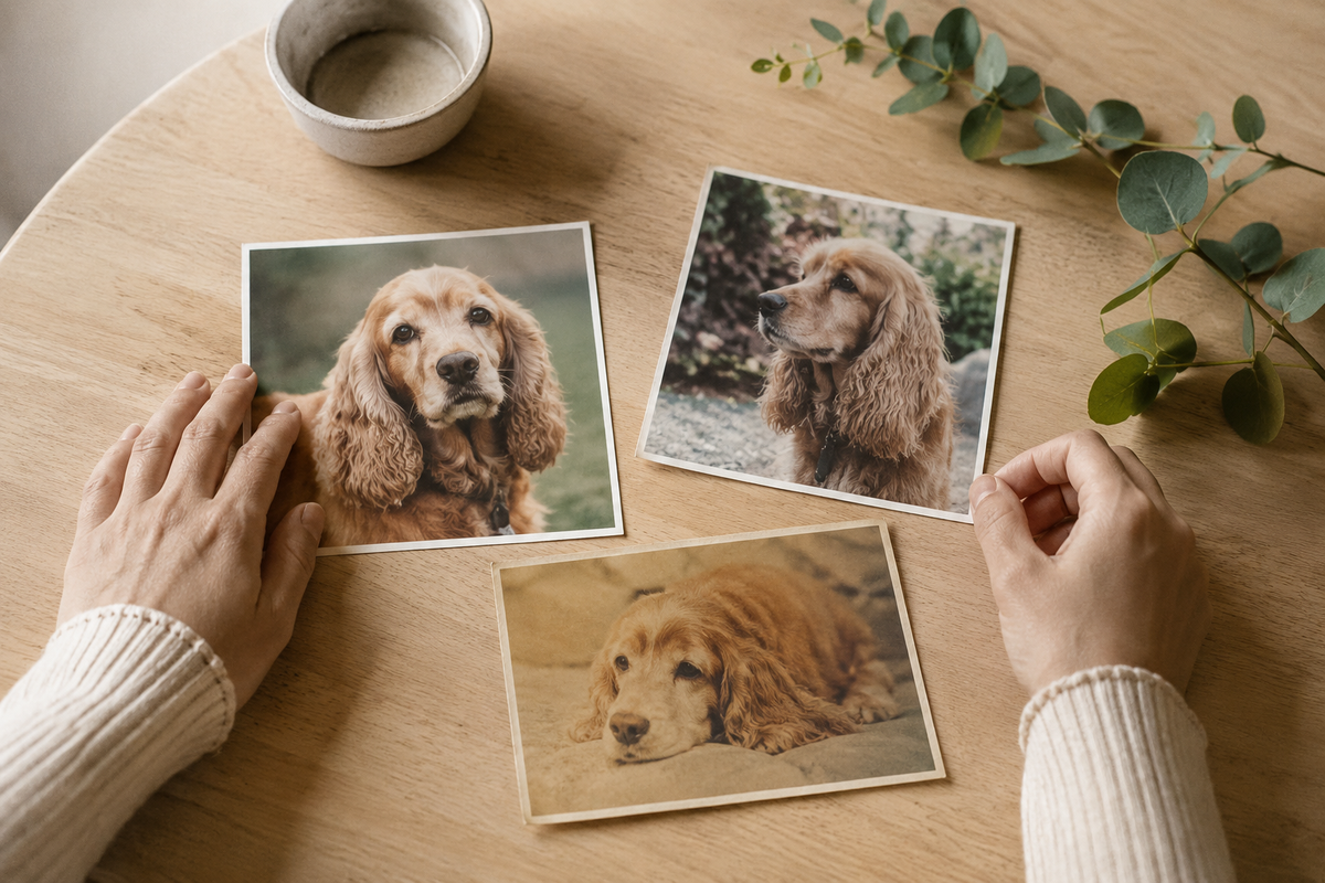 Illustrative example of three fictional photos of the same senior dog being compared for a memorial portrait