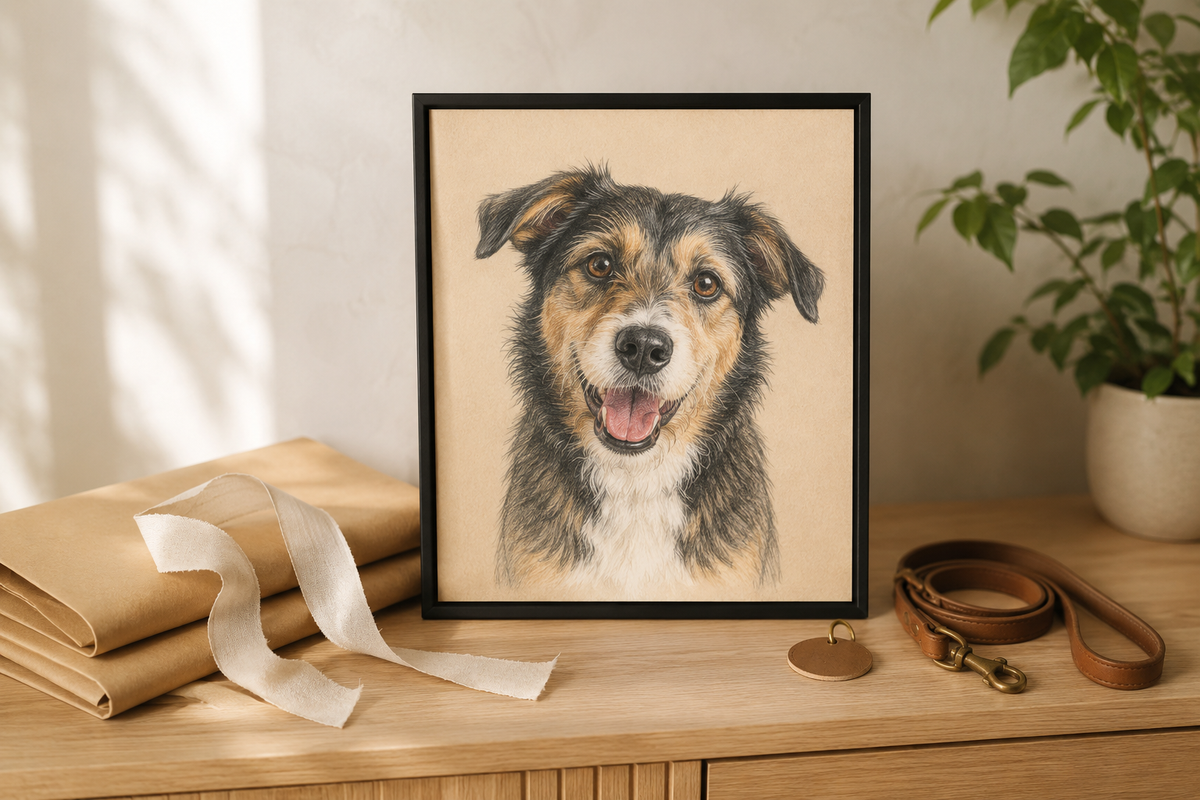 Illustrative example of a framed Colored Pencil dog portrait prepared as a gift for a new pet owner