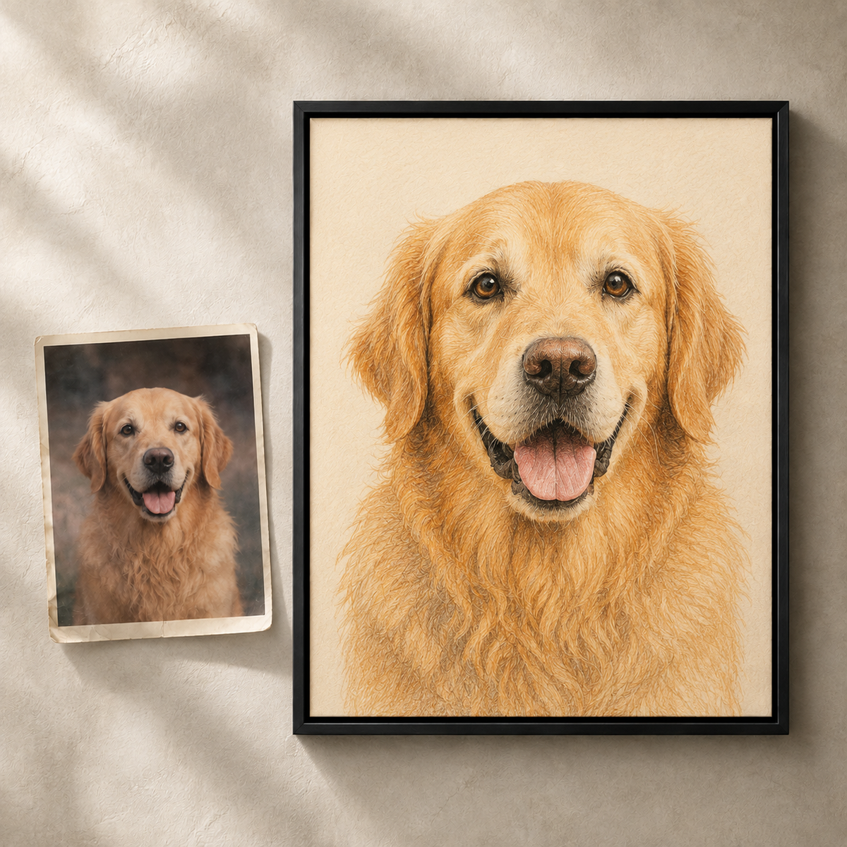 Illustrative example of an older printed golden retriever photo beside a black-framed Colored Pencil pet portrait