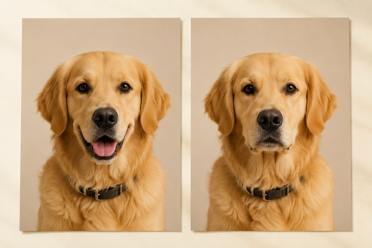 Illustrative comparison of the same golden retriever with relaxed open-mouth and calm closed-mouth expressions