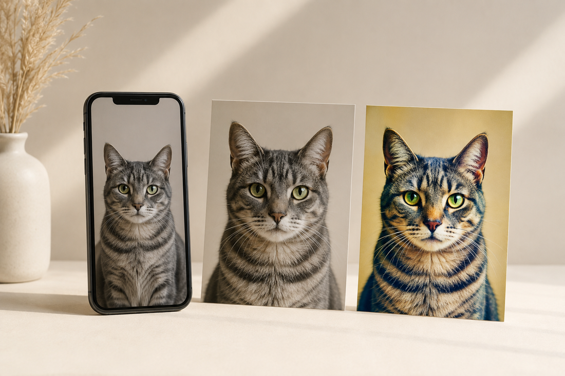 Illustrative example comparing a natural gray tabby cat photo with an over-edited version beside a smartphone