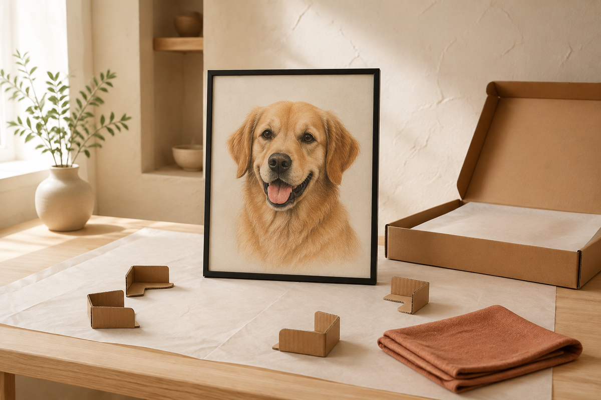 Illustrative example of a black-framed Colored Pencil dog portrait with protective paper, corner guards, cloth, and an art box