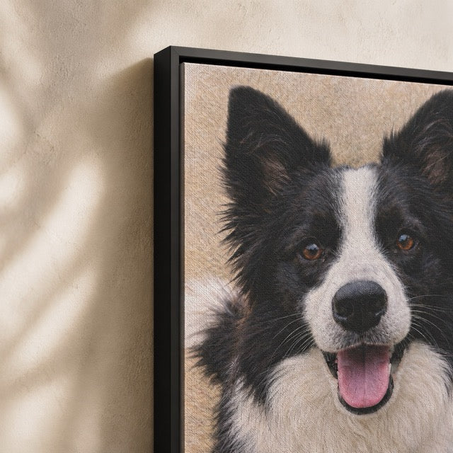 Product showcase of a Colored Pencil Border Collie portrait viewed up close to show the woven canvas surface