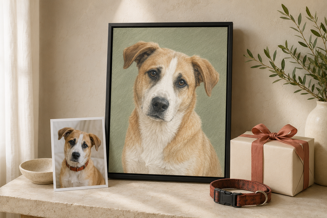 Illustrative pet adoption anniversary gift example with an adoption-day dog photo, matching Colored Pencil portrait, wrapped gift, and saved collar