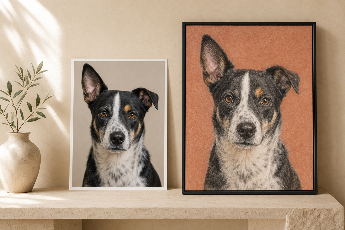 Illustrative example comparing a dog reference photo with a Colored Pencil portrait that preserves its white blaze, uneven ears, amber eyes, and tan facial markings