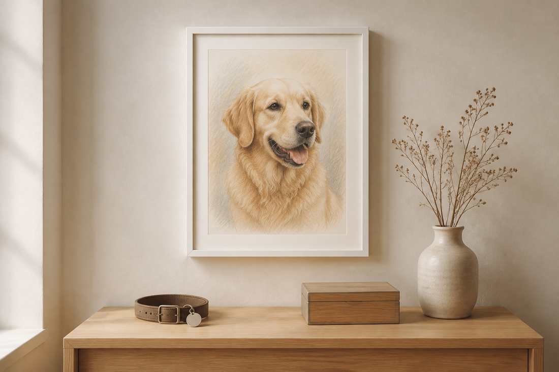 Illustrative example of a white-framed Colored Pencil dog portrait with a collar, keepsake box, and dried branches