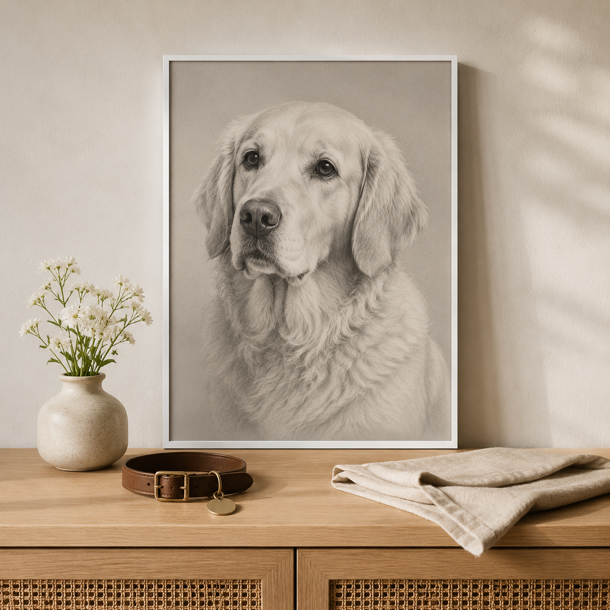 Illustrative example of a graphite pet memorial portrait displayed with a collar and white flowers