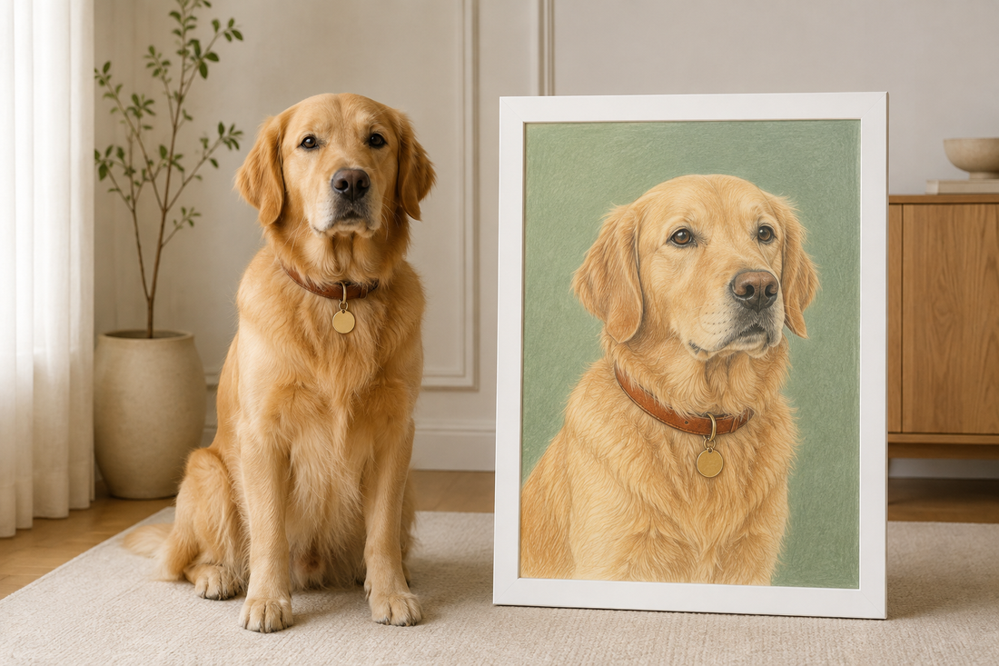 Illustrative Studio Artlims example of a golden retriever wearing a brown collar beside a white-framed Colored Pencil portrait on a solid sage background