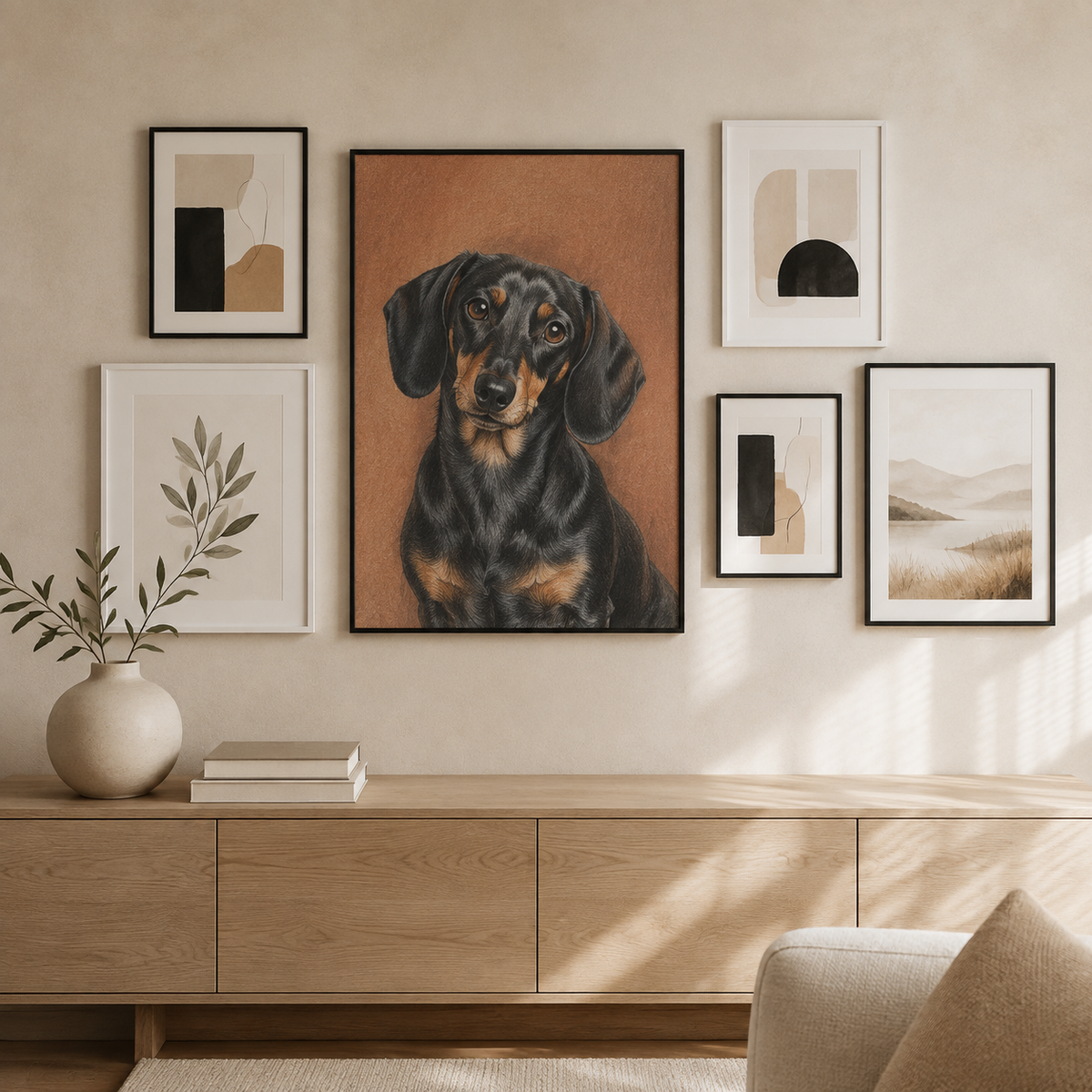Illustrative example of a dachshund pet portrait arranged as the focal point of a neutral gallery wall