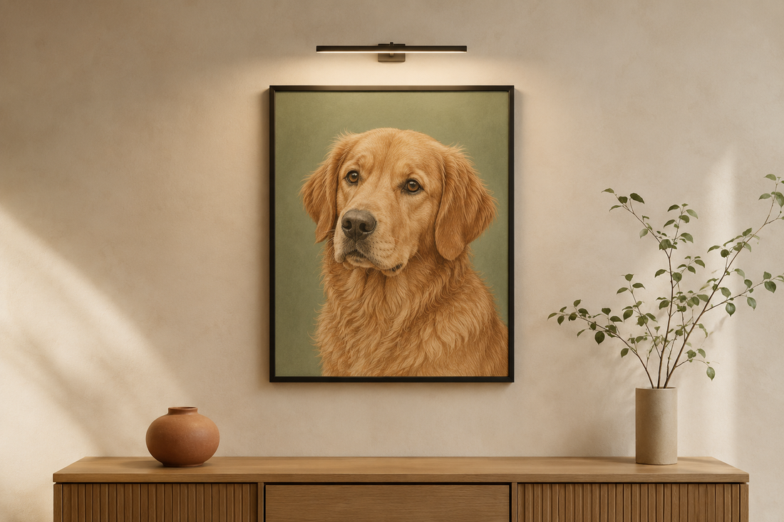 Illustrative example of a black-framed Colored Pencil dog portrait lit by a picture light in a minimalist room