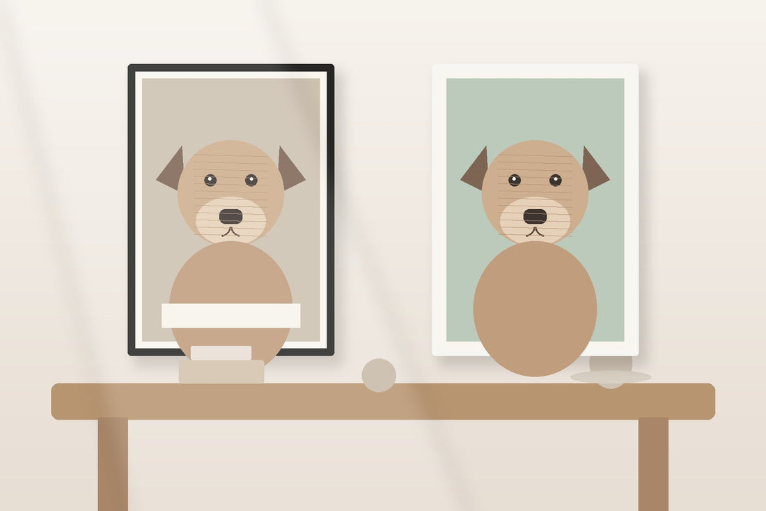 Illustrative example of two framed pet portraits shown side by side, one with blank space for optional personalization.