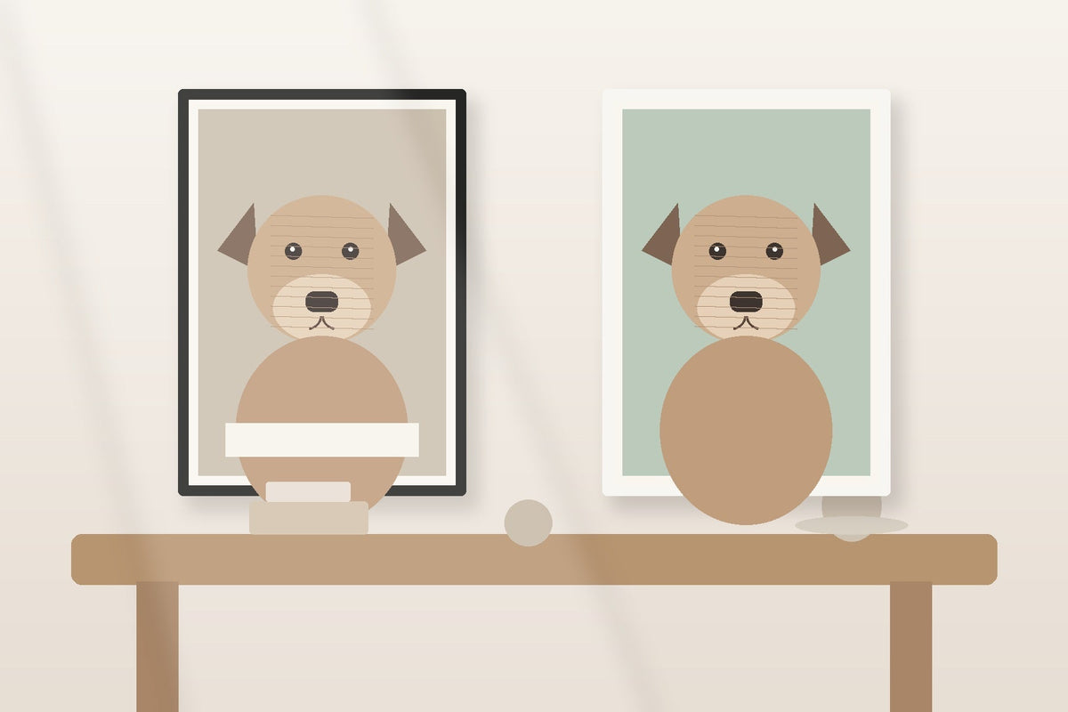 Illustrative example of two framed pet portraits shown side by side, one with blank space for optional personalization.