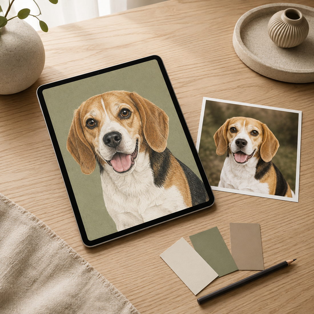 Illustrative example of a pet portrait proof displayed beside the original beagle reference photo