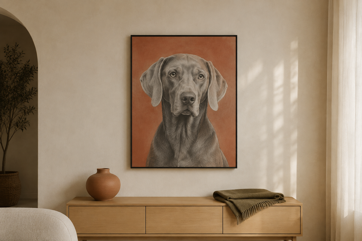 Illustrative example of a gray dog portrait with a muted terracotta background and black frame coordinated with a warm neutral room