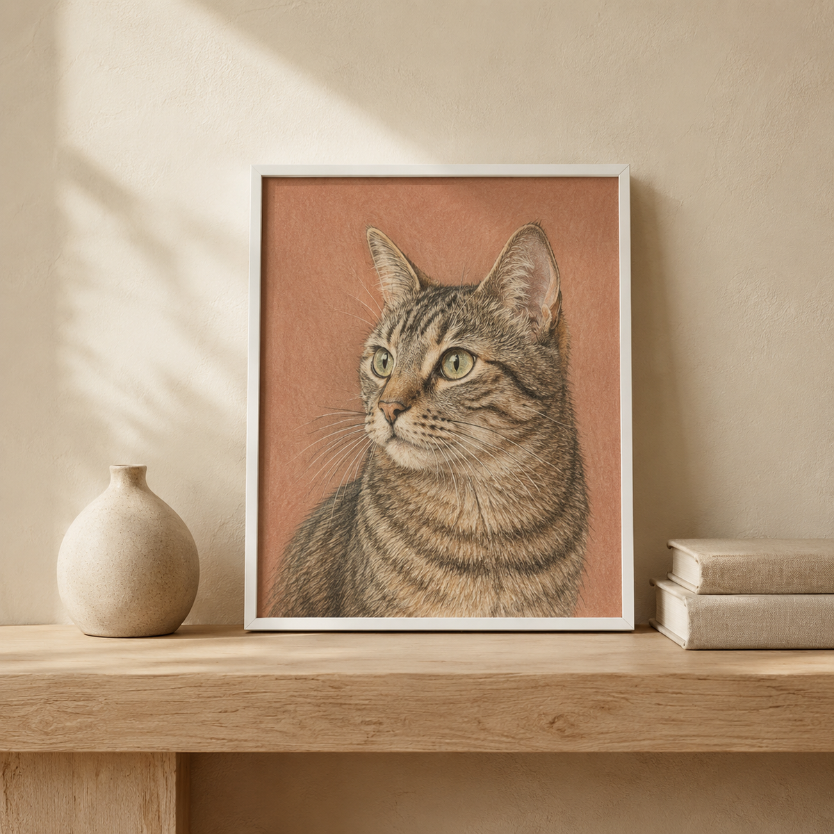 Illustrative example of a white-framed Colored Pencil tabby cat portrait styled on a light oak shelf
