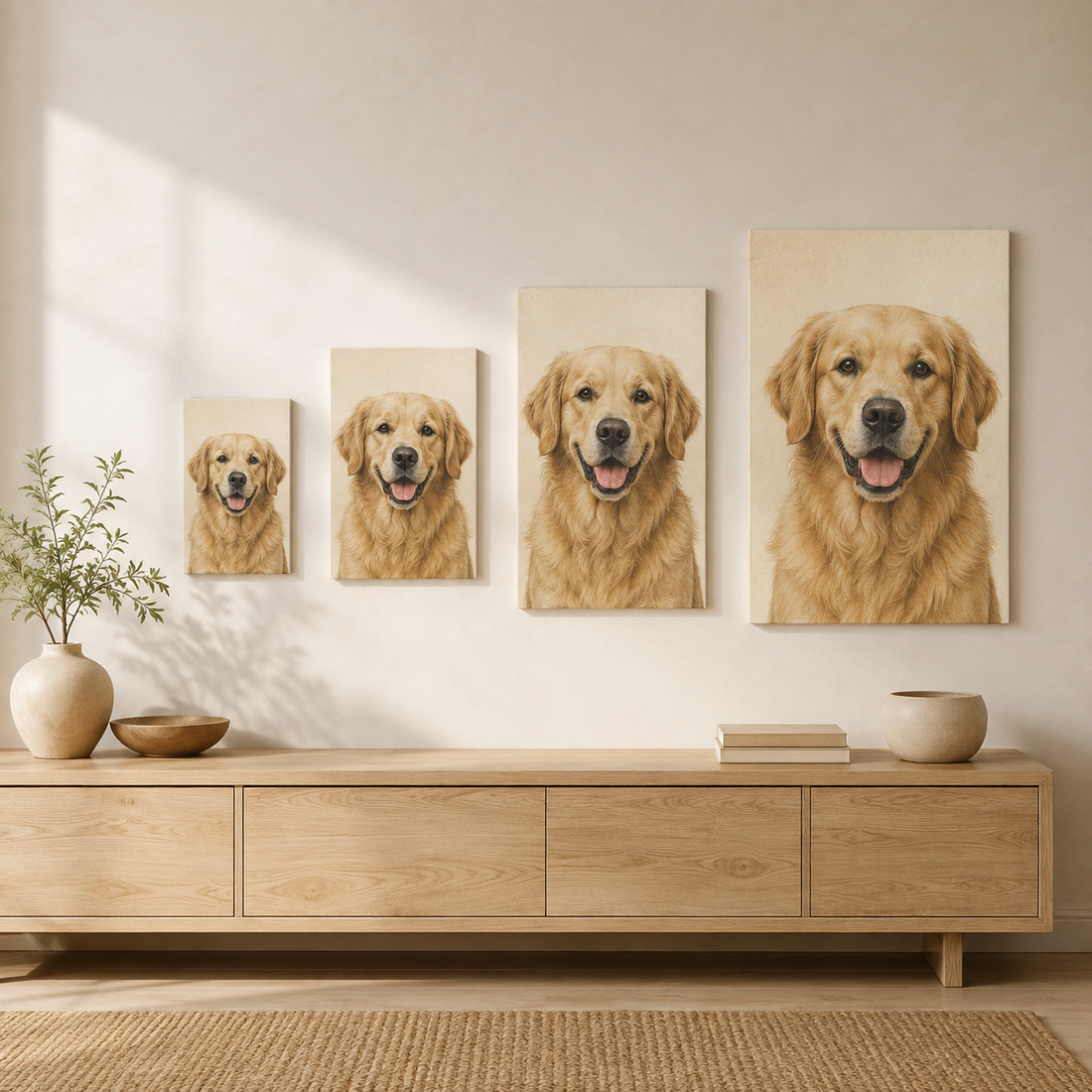 Illustrative example showing four relative sizes of the same golden retriever pet portrait on a wall