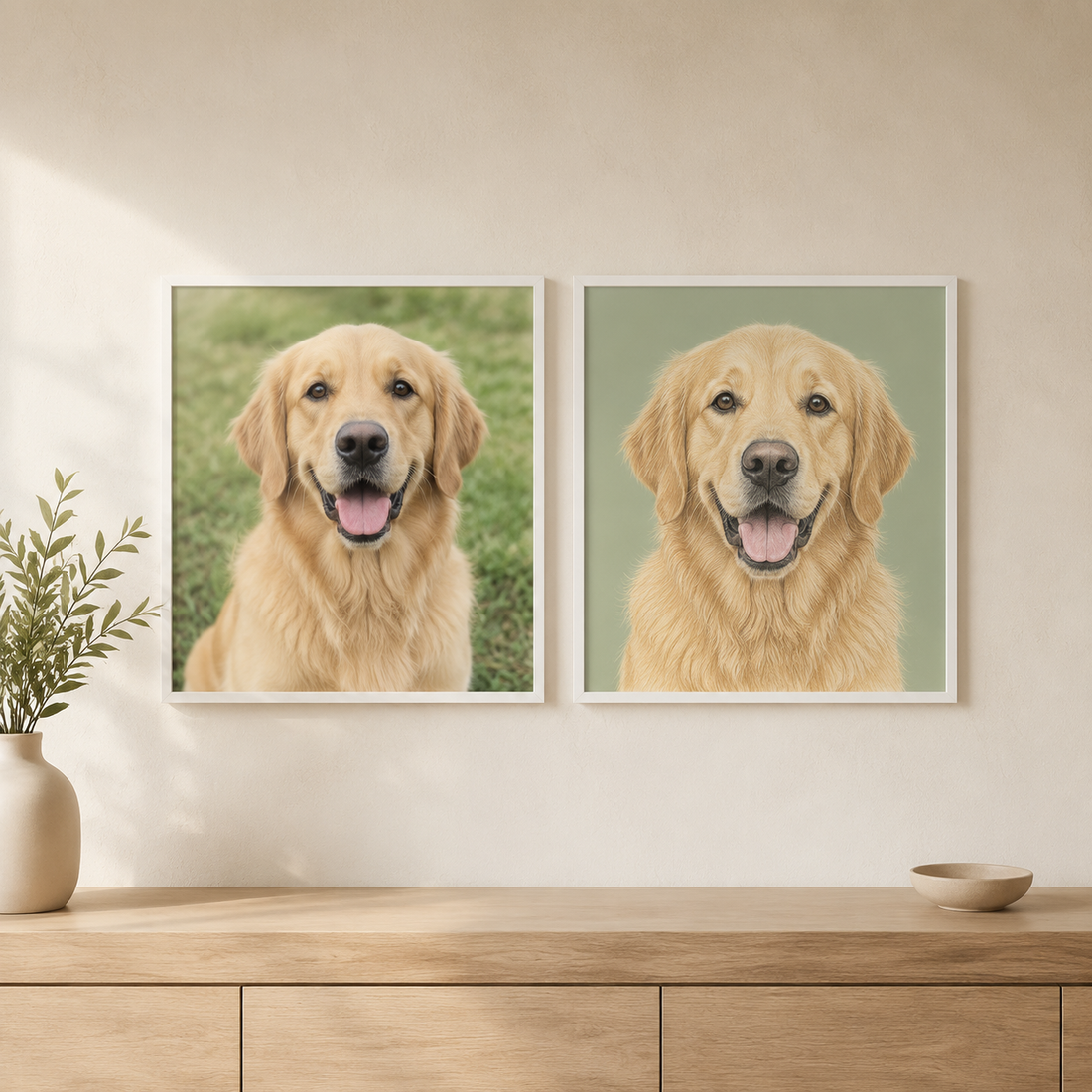 Illustrative comparison example of a golden retriever photograph and a Colored Pencil pet portrait displayed side by side