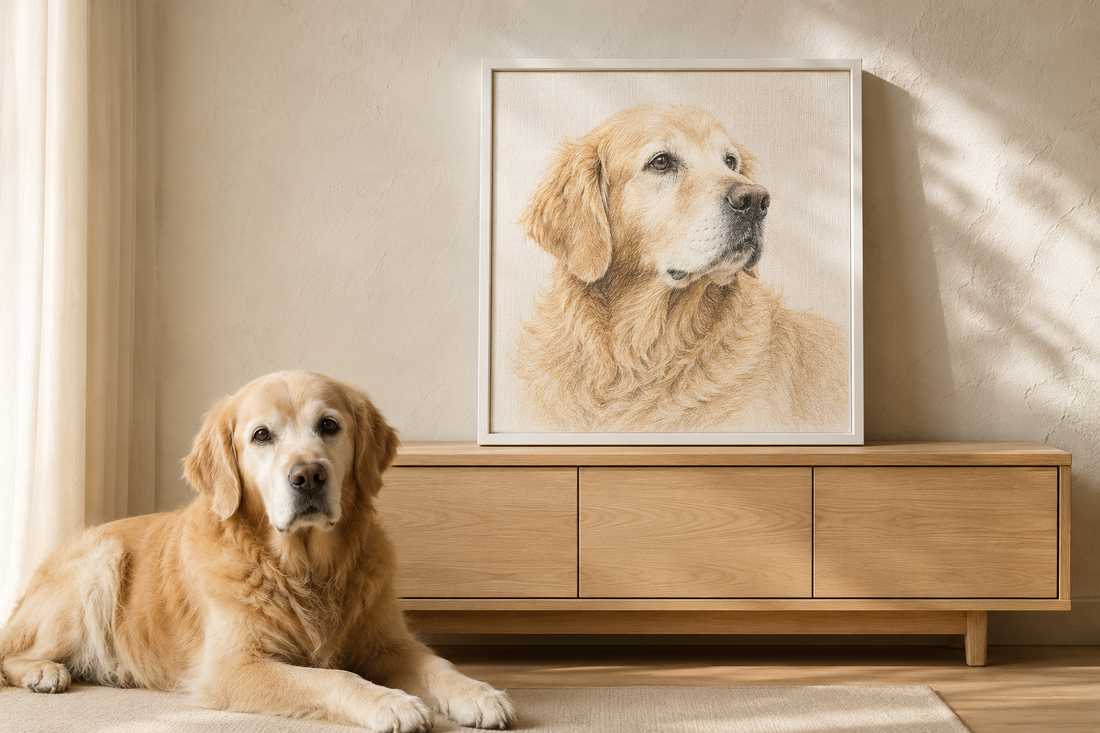 Illustrative example of a senior golden retriever beside a white framed Colored Pencil portrait of the same dog.