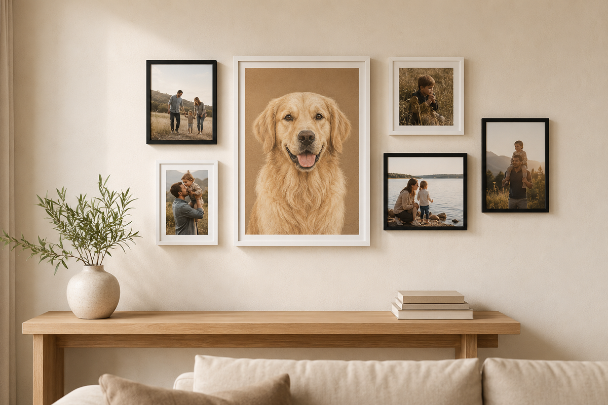 Illustrative example of a white-framed pet portrait displayed with black and white family photo frames above a light wood console