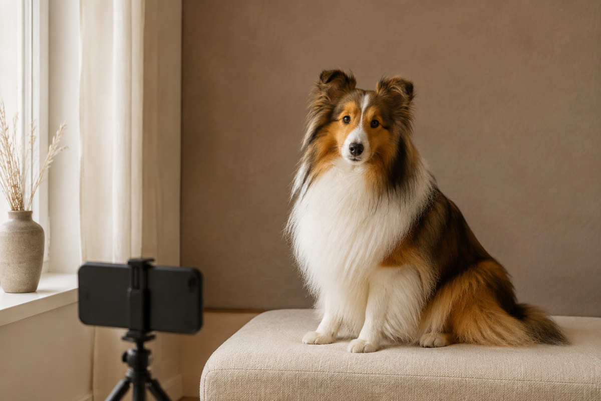 Illustrative example of a long-haired dog photographed at eye level in soft window light with the eyes and coat outline clearly visible