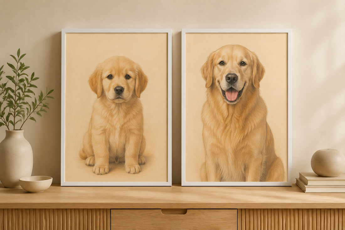 Illustrative example of white framed Colored Pencil portraits showing a golden retriever as a puppy and as an adult.