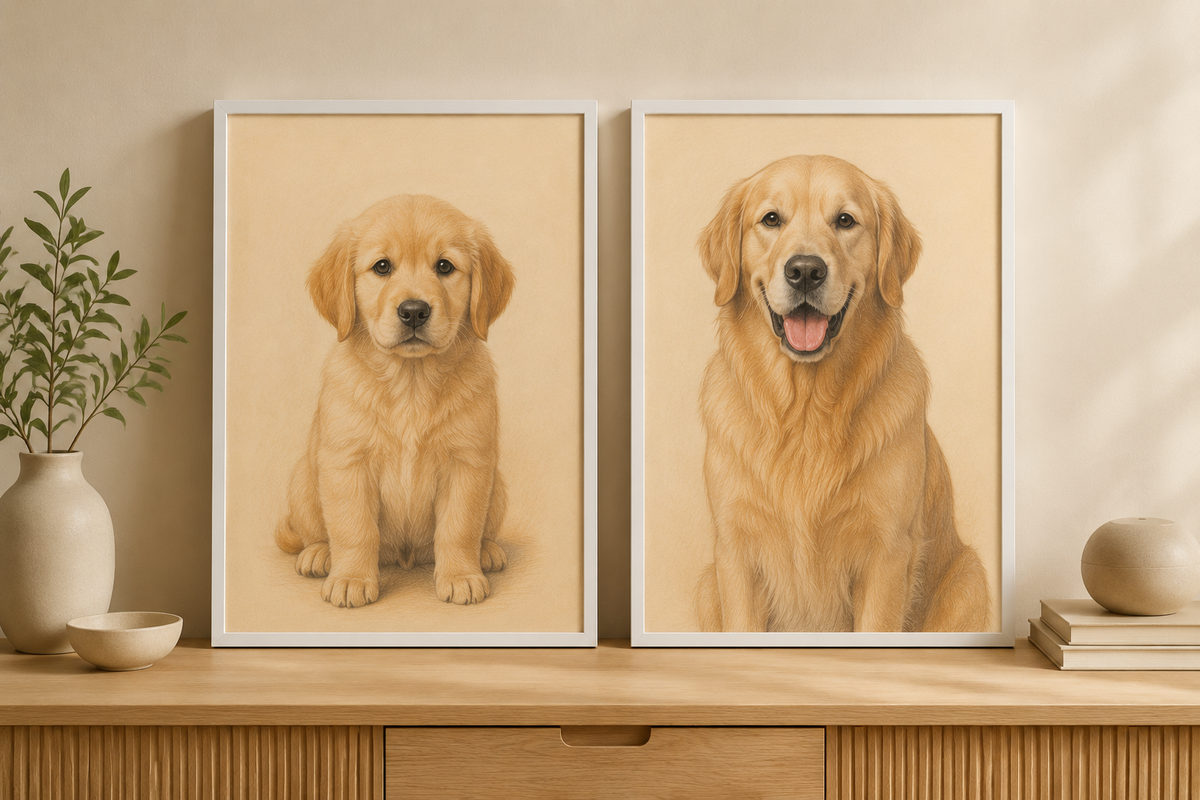 Illustrative example of white framed Colored Pencil portraits showing a golden retriever as a puppy and as an adult.