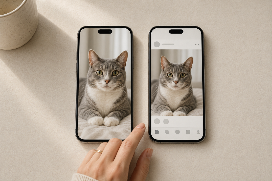Illustrative example comparing an original cat photo with a smaller screenshot of the same image inside a generic social media interface