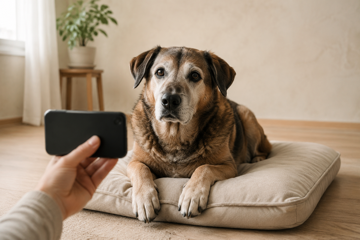 Illustrative example of a senior dog photographed comfortably at eye level in soft window light