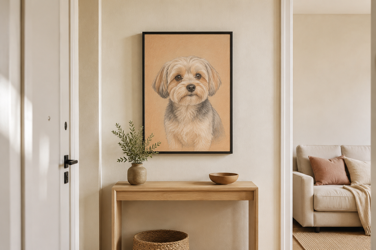Illustrative small-apartment placement example with a black-framed Colored Pencil dog portrait above a narrow wood console
