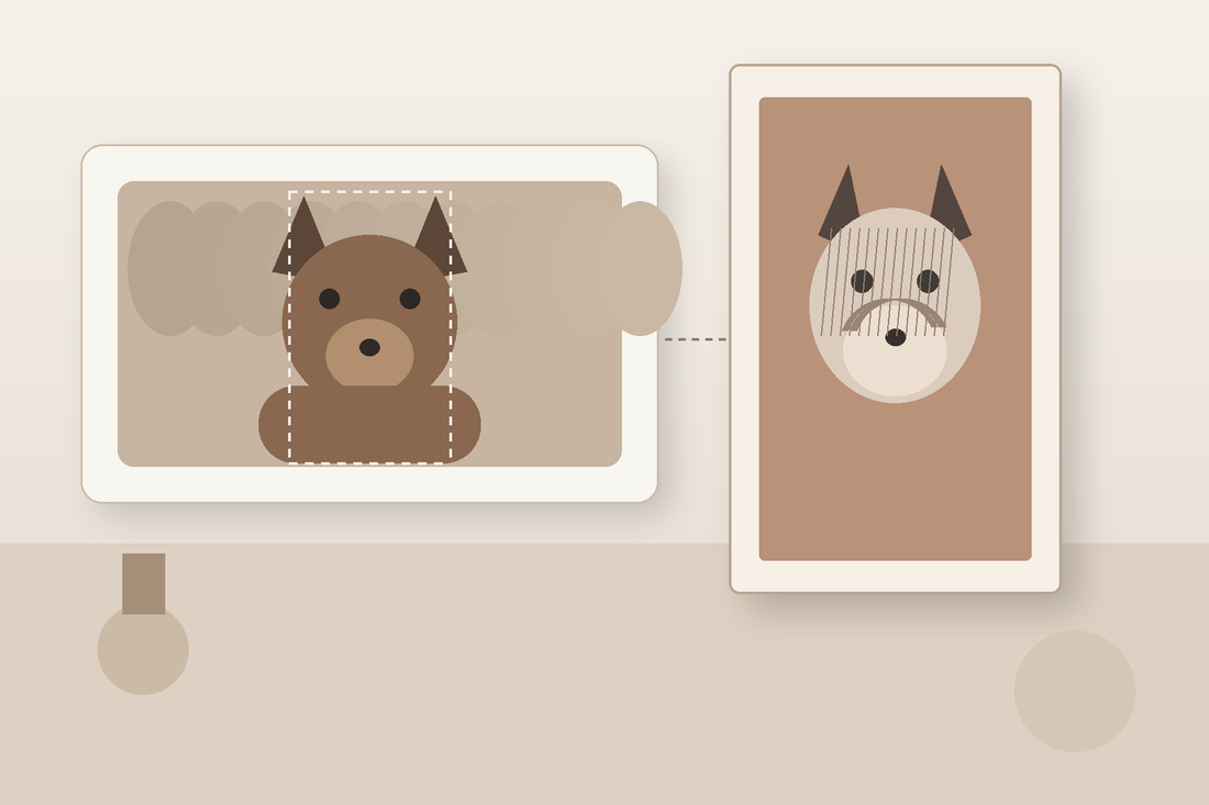 Illustrative example showing a horizontal pet photo reframed for a vertical pet portrait